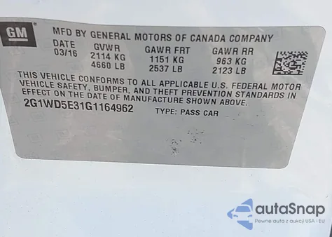 2016 Chevrolet Impala Limited Police из США, поврежденный, VIN 2G1WD5E31G1164962